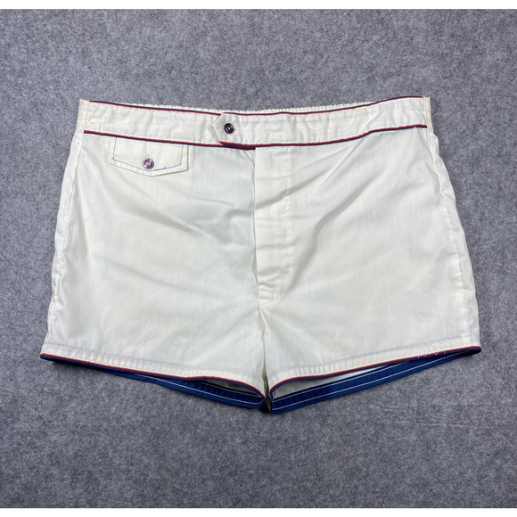 VINTAGE Swim Trunks Mens Medium White Red Blue Piped Short Zip Fly Elastic 70s - Picture 1 of 16
